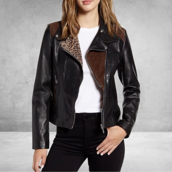Bernardo Jackets & Blazers - NEW Bernardo Genuine Leather Mixed Media
Animal Print Black Moto Jacket MSRP$415